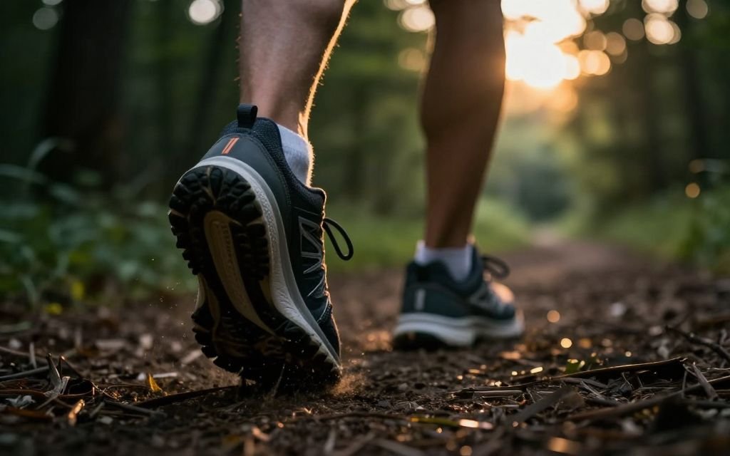 Passos num caminho de terra ao amanhecer
